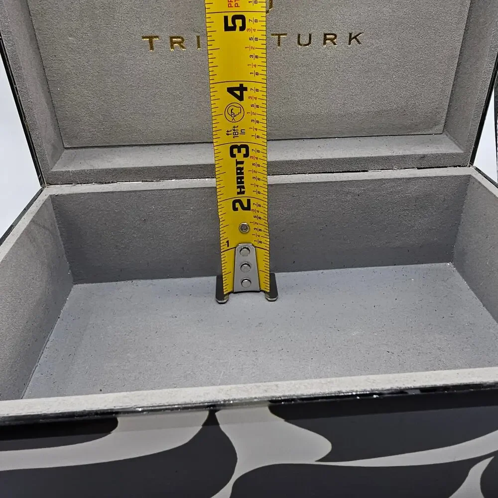 Trina Turk Mirror Print Jewelry Trinket Box Black White Wave Design Gold Trim